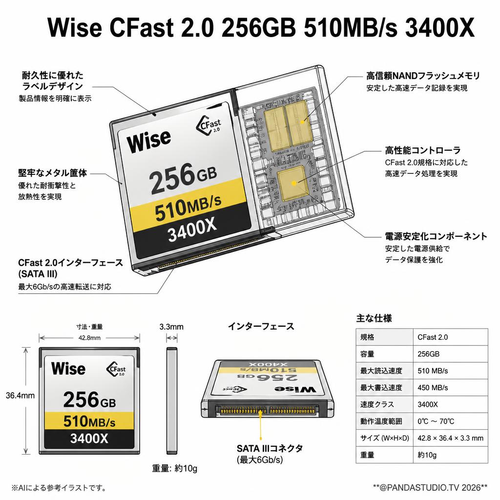 Wise CFast 2.0 256GB 510MB/s 3400X スペック