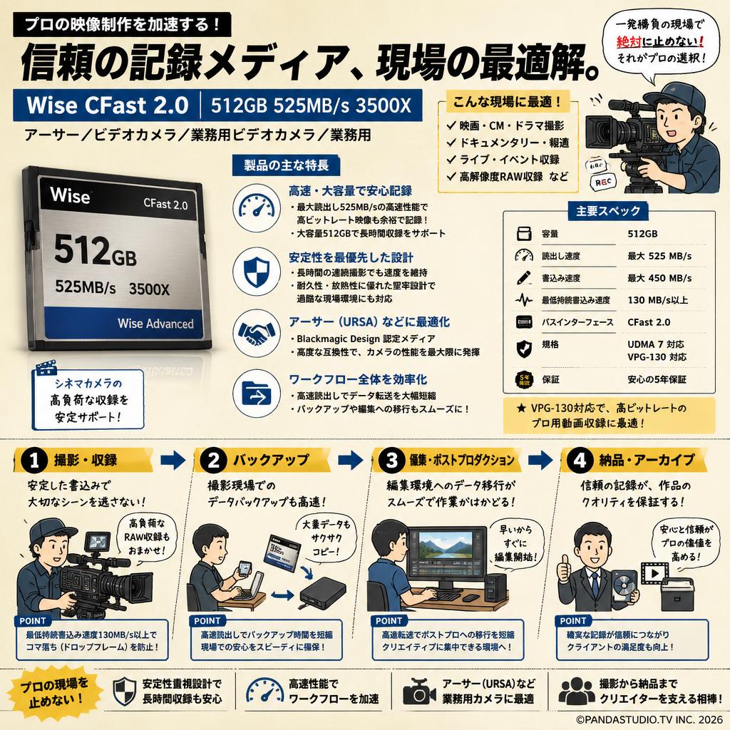 Wise CFast 2.0 512GB 525MB/s 3500X,アーサー,ビデオカメラ,業務用ビデオカメラ,業務用 概要