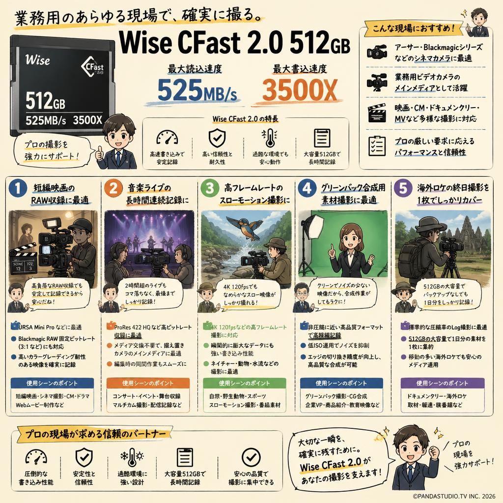 Wise CFast 2.0 512GB 525MB/s 3500X,アーサー,ビデオカメラ,業務用ビデオカメラ,業務用 用途