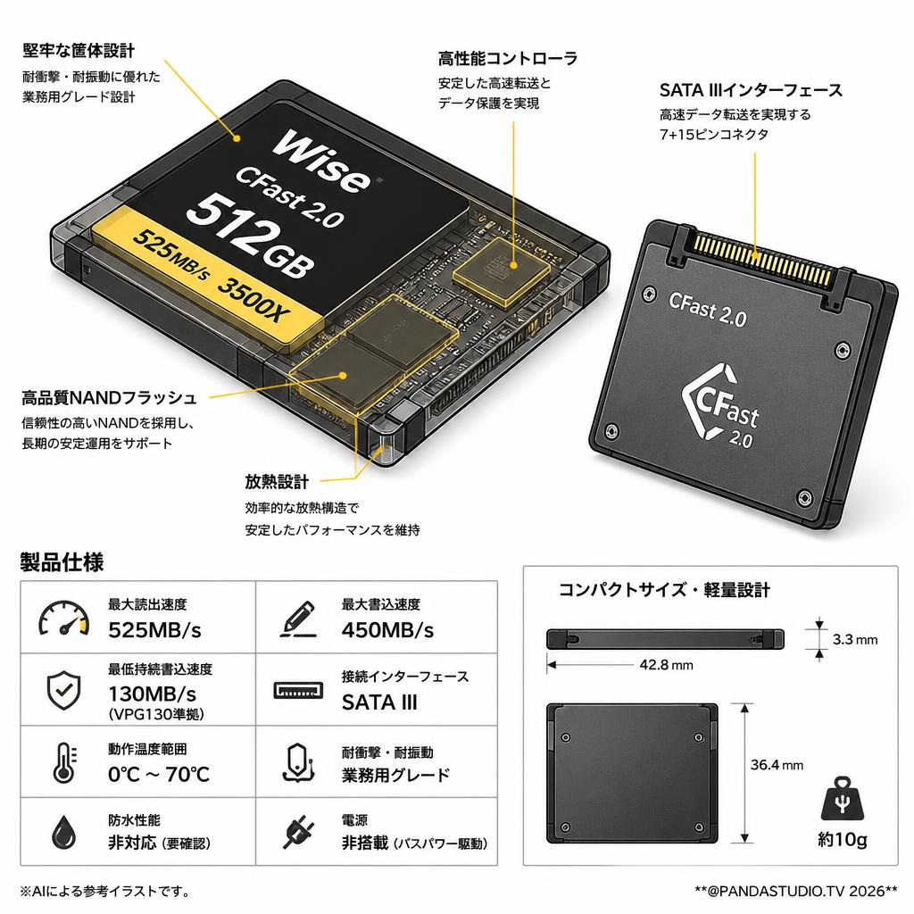 Wise CFast 2.0 512GB 525MB/s 3500X,アーサー,ビデオカメラ,業務用ビデオカメラ,業務用 スペック