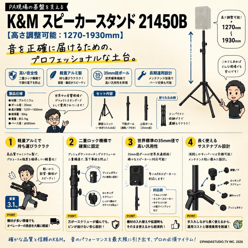 K&Mスピーカースタンド 21450B【高さ調整可能：1270-1930mm】 概要