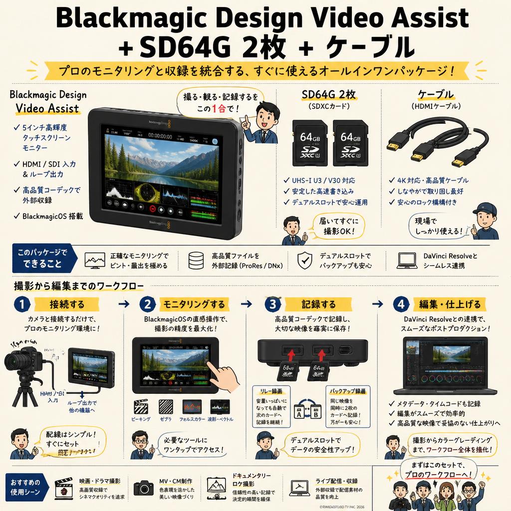 Blackmagic Design Video Assist ＋ SD64G 2枚 ＋ ケーブル 概要