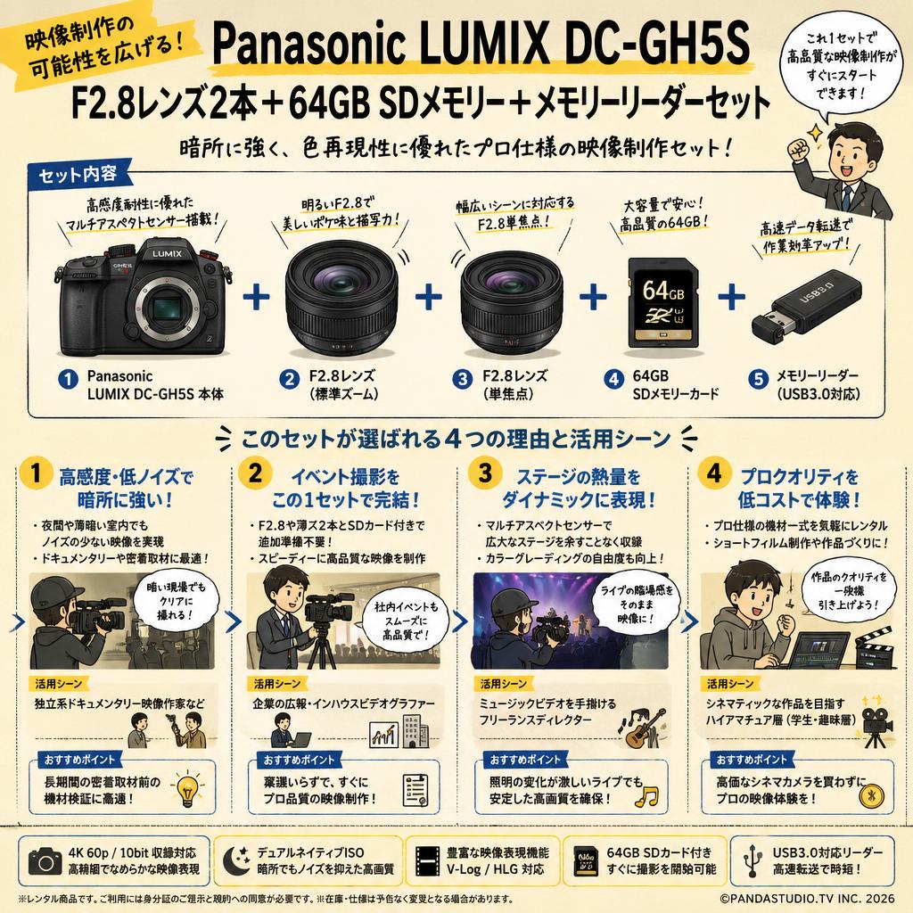 Panasonic LUMIX DC-GH5S ＋ F2.8レンズ 2本＋ 64GB SDメモリー ＋ メモリーリーダーセット おもな対象のお客様