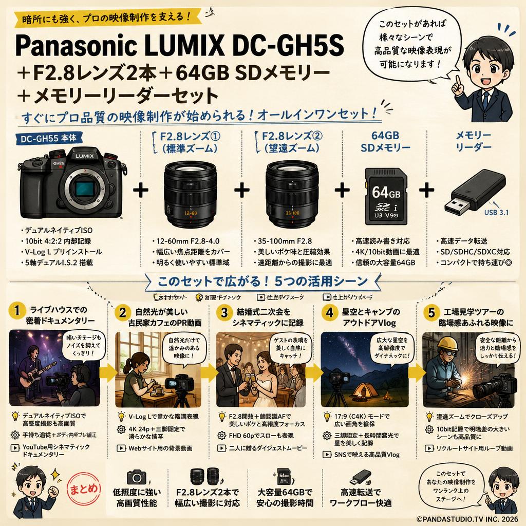 Panasonic LUMIX DC-GH5S ＋ F2.8レンズ 2本＋ 64GB SDメモリー ＋ メモリーリーダーセット 用途