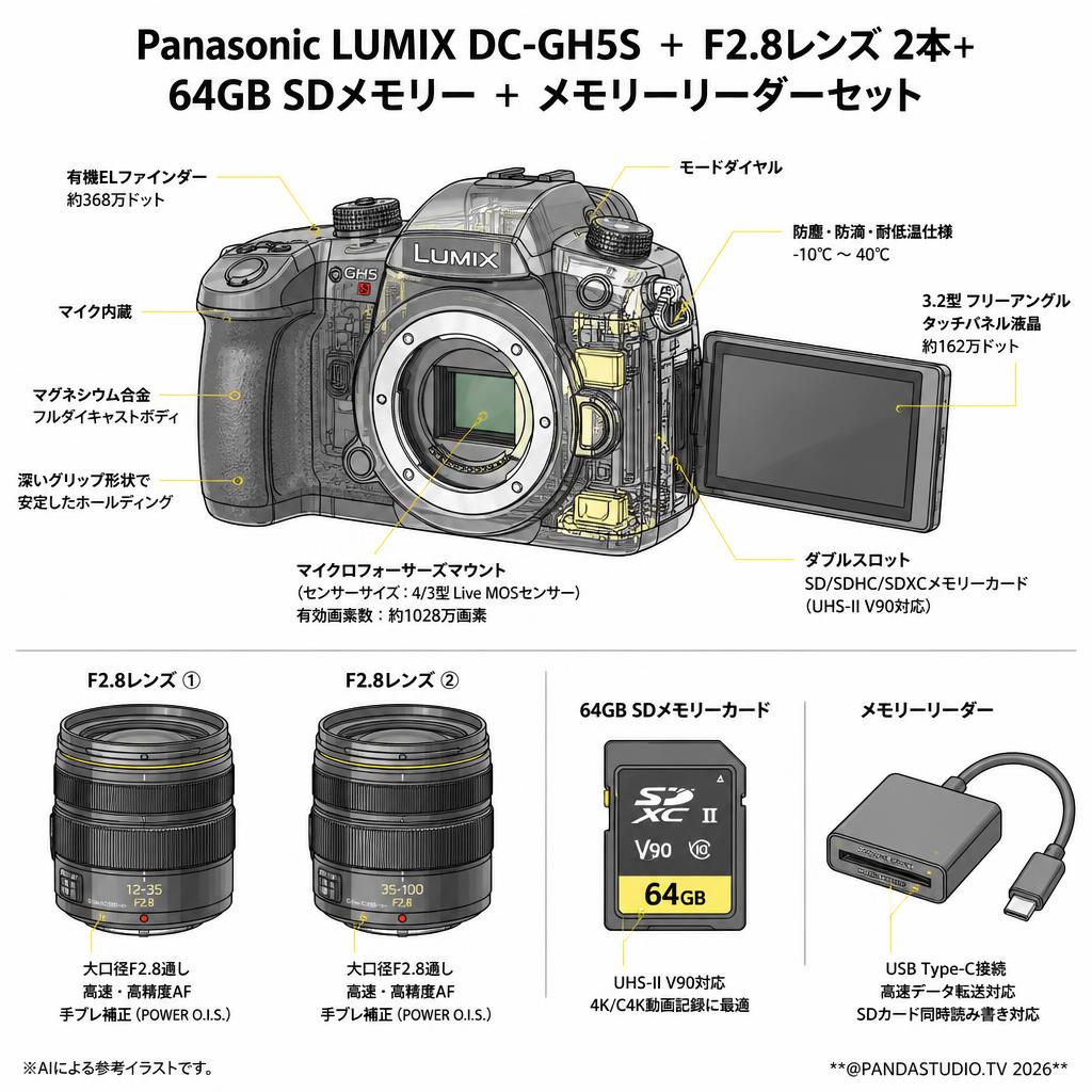 Panasonic LUMIX DC-GH5S ＋ F2.8レンズ 2本＋ 64GB SDメモリー ＋ メモリーリーダーセット スペック