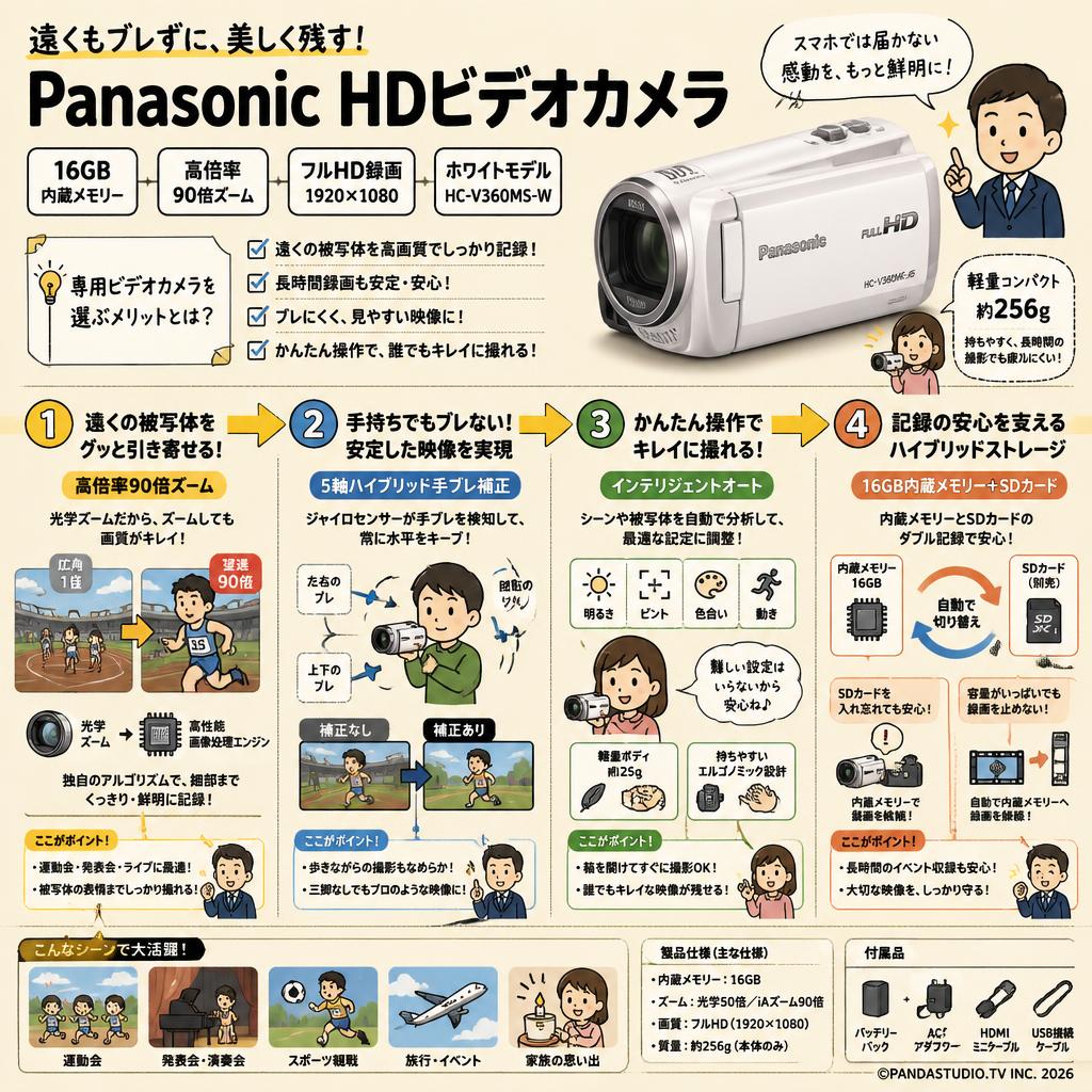 Panasonic HDビデオカメラ 16GB 高倍率90倍ズーム ホワイト HC-V360MS-W 概要