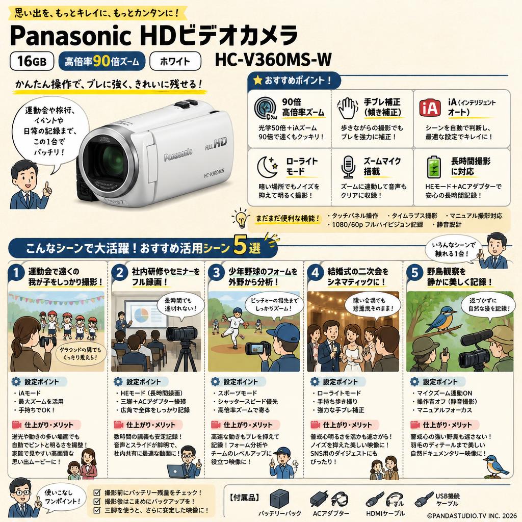 Panasonic HDビデオカメラ 16GB 高倍率90倍ズーム ホワイト HC-V360MS-W 用途