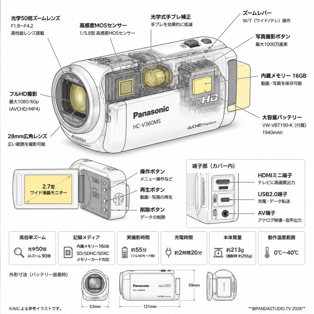 Panasonic HDビデオカメラ 16GB 高倍率90倍ズーム ホワイト HC-V360MS-W スペック