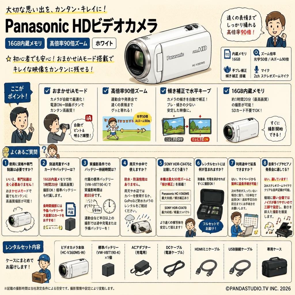 Panasonic HDビデオカメラ 16GB 高倍率90倍ズーム ホワイト HC-V360MS-W FAQ（よくある質問と答え）