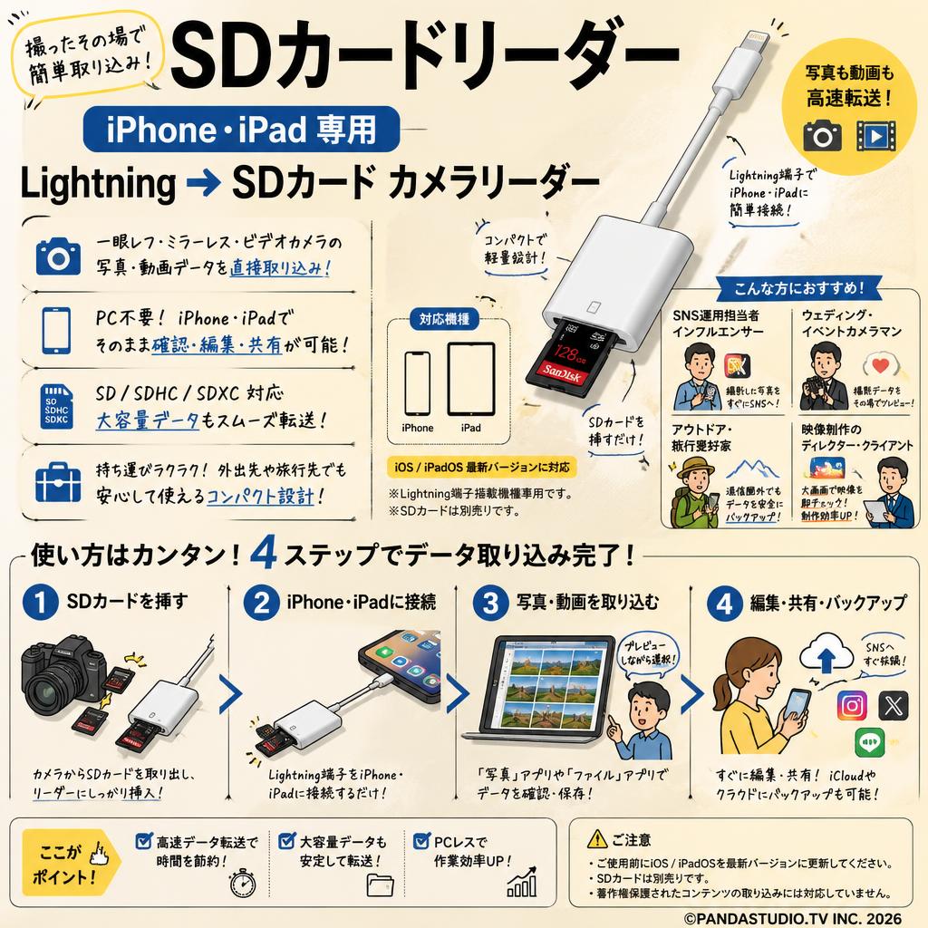 SDカードリーダー iPhone iPad 専用 Lightning→SDカード カメラリーダー おもな対象のお客様