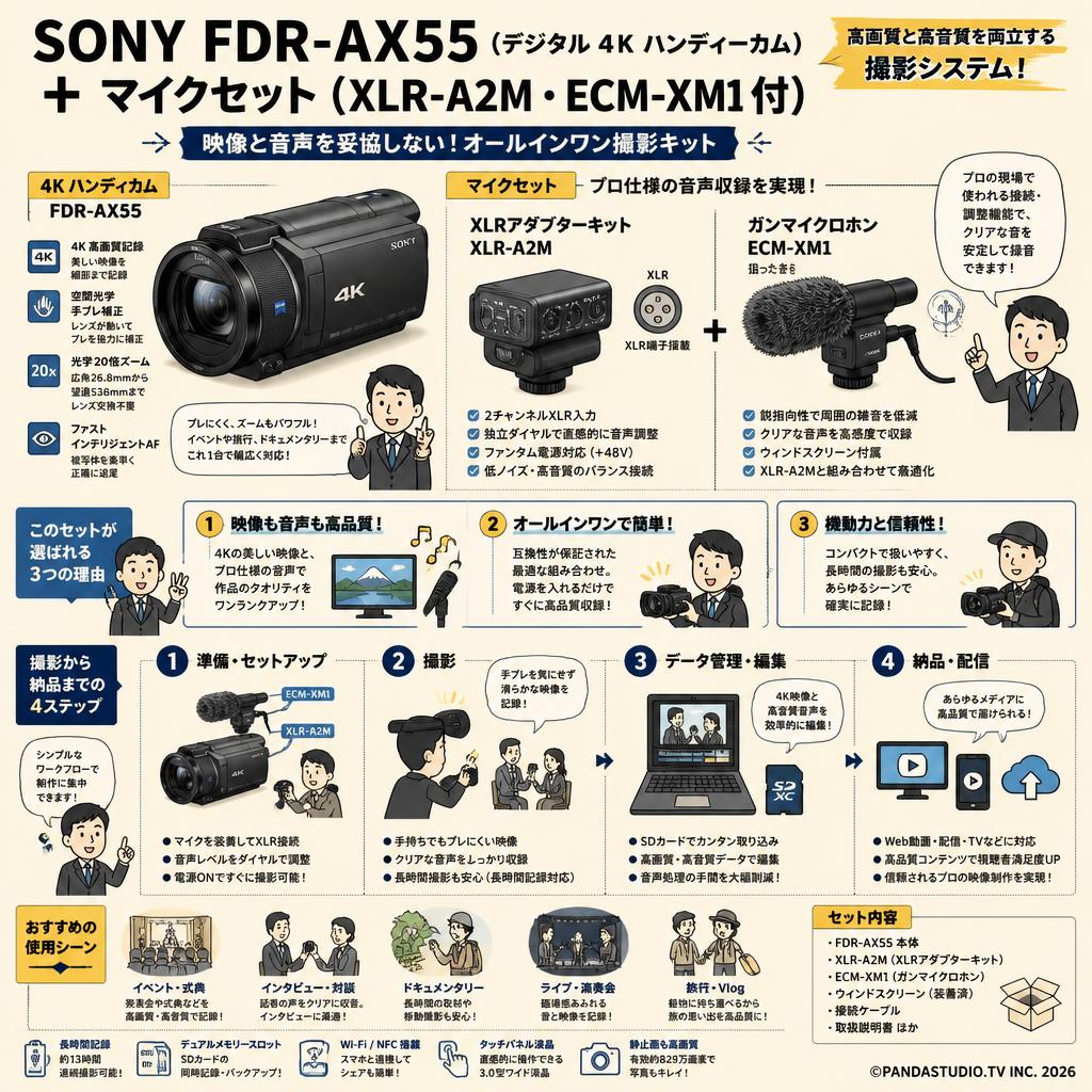 SONY FDR-AX55 （デジタル４K ハンディーカム） ＋ マイクセット（XLR-A2M・ECM-XM1 付） 概要