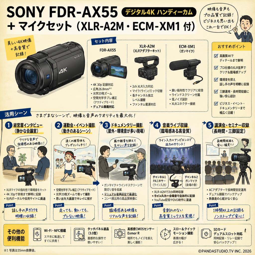 SONY FDR-AX55 （デジタル４K ハンディーカム） ＋ マイクセット（XLR-A2M・ECM-XM1 付） 用途