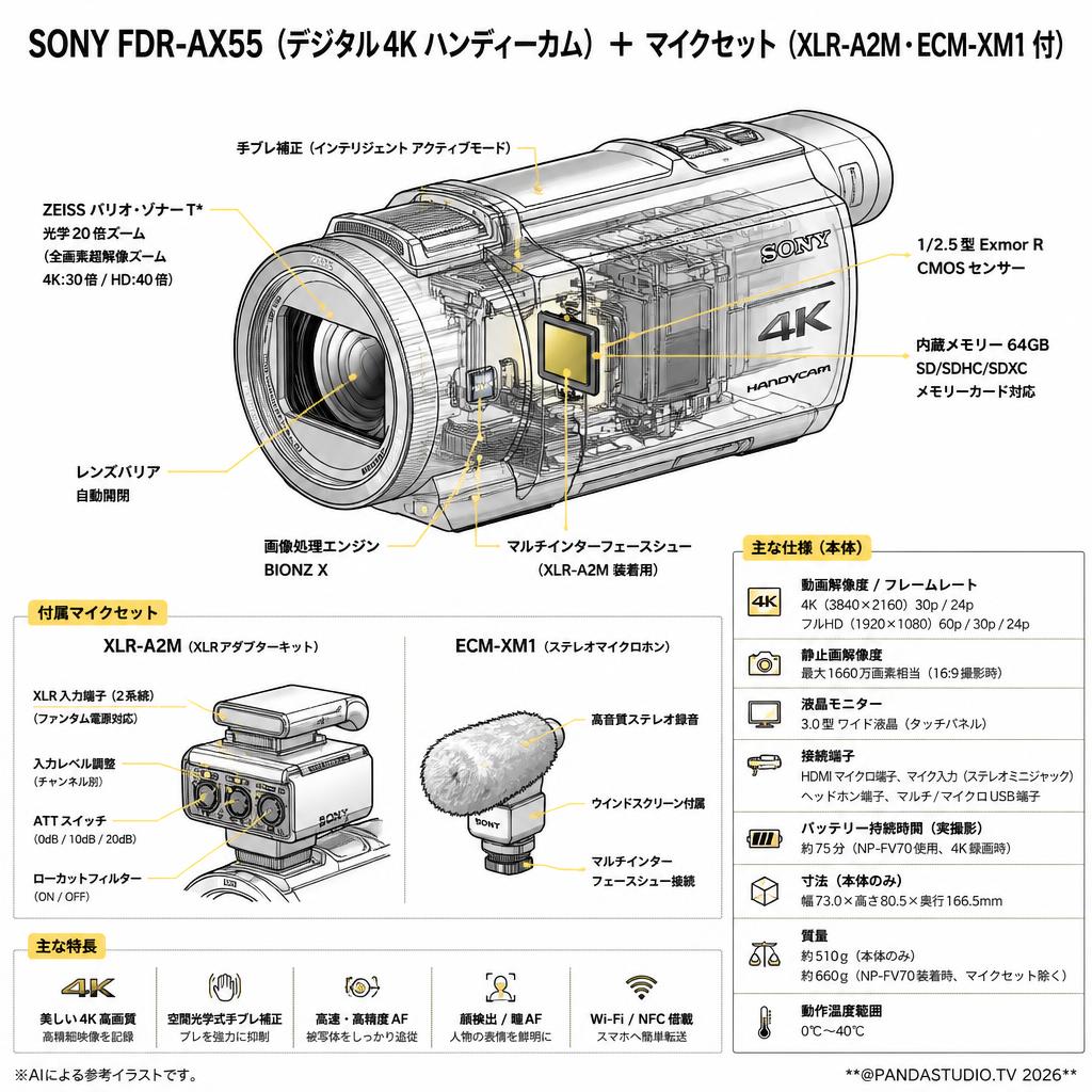 SONY FDR-AX55 （デジタル４K ハンディーカム） ＋ マイクセット（XLR-A2M・ECM-XM1 付） スペック
