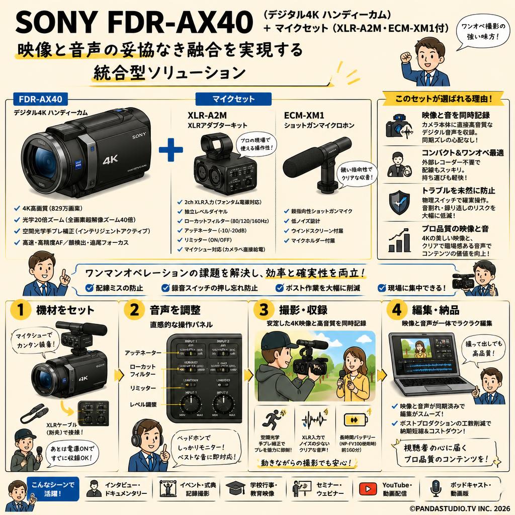 SONY FDR-AX40 （デジタル４K ハンディーカム） ＋ マイクセット（XLR-A2M・ECM-XM1 付） 概要