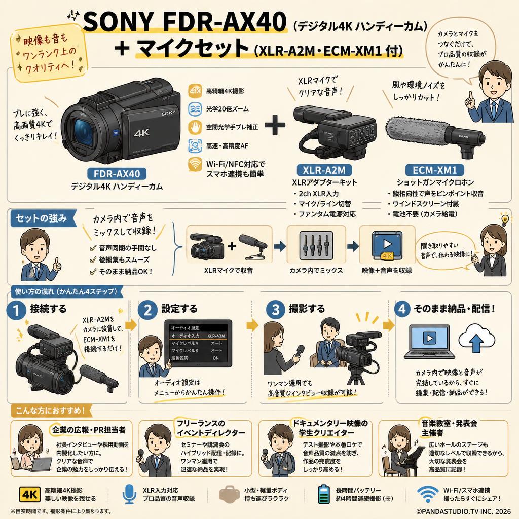 SONY FDR-AX40 （デジタル４K ハンディーカム） ＋ マイクセット（XLR-A2M・ECM-XM1 付） おもな対象のお客様