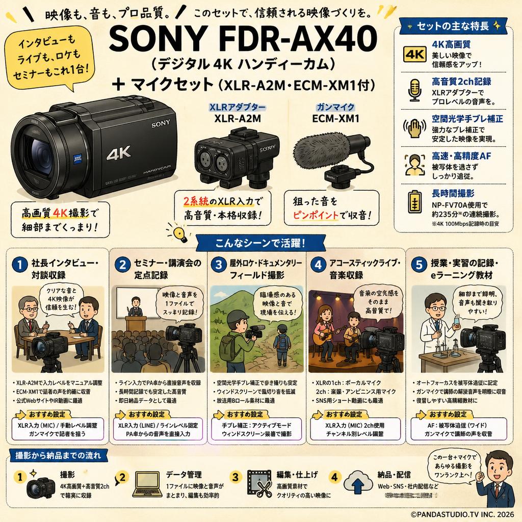 SONY FDR-AX40 （デジタル４K ハンディーカム） ＋ マイクセット（XLR-A2M・ECM-XM1 付） 用途