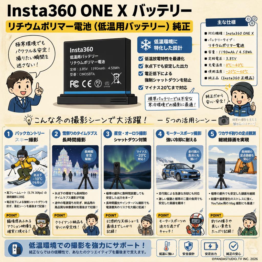 Insta360 ONE X バッテリー リチウムポリマー電池 (低温用バッテリー） 純正 用途