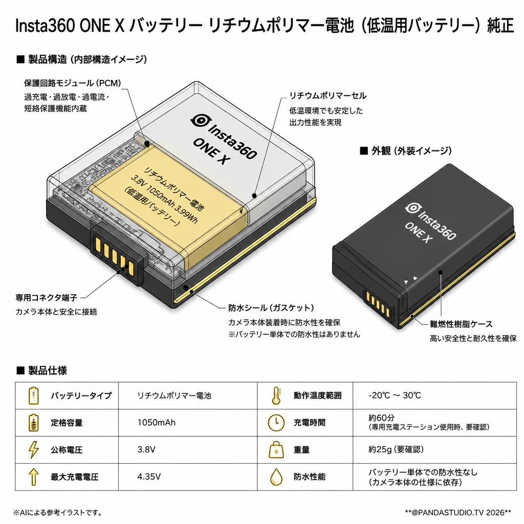 Insta360 ONE X バッテリー リチウムポリマー電池 (低温用バッテリー） 純正 スペック
