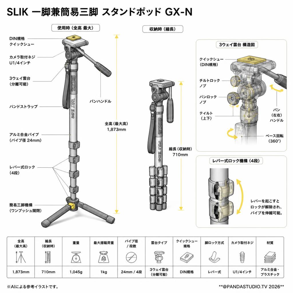 SLIK 一脚兼簡易三脚 スタンドポッド GX-N スペック