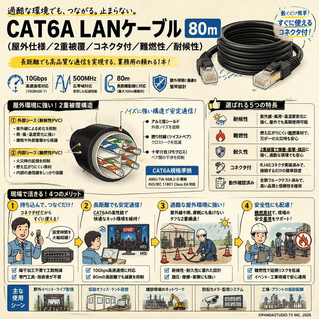 CAT6A LANケーブル 80m（屋外仕様／2重被覆／コネクタ付／難燃性／耐候性） 概要