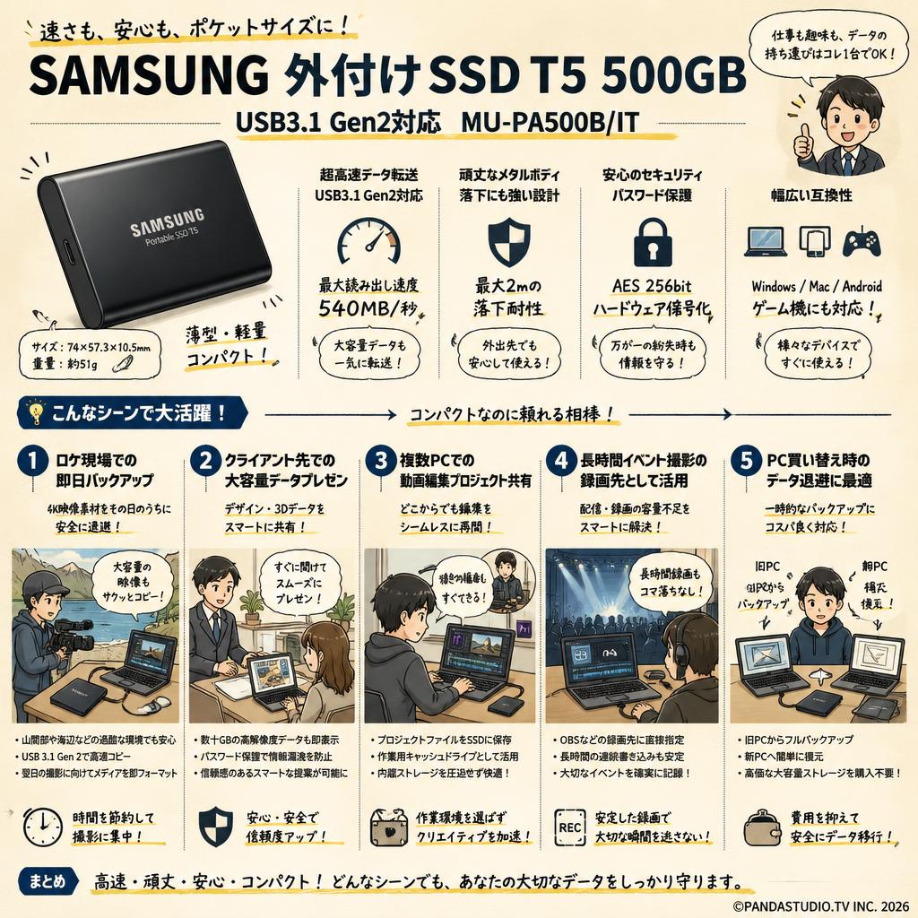 SAMSUNG 外付けSSD T5 500GB USB3.1 Gen2対応 MU-PA500B/IT 用途