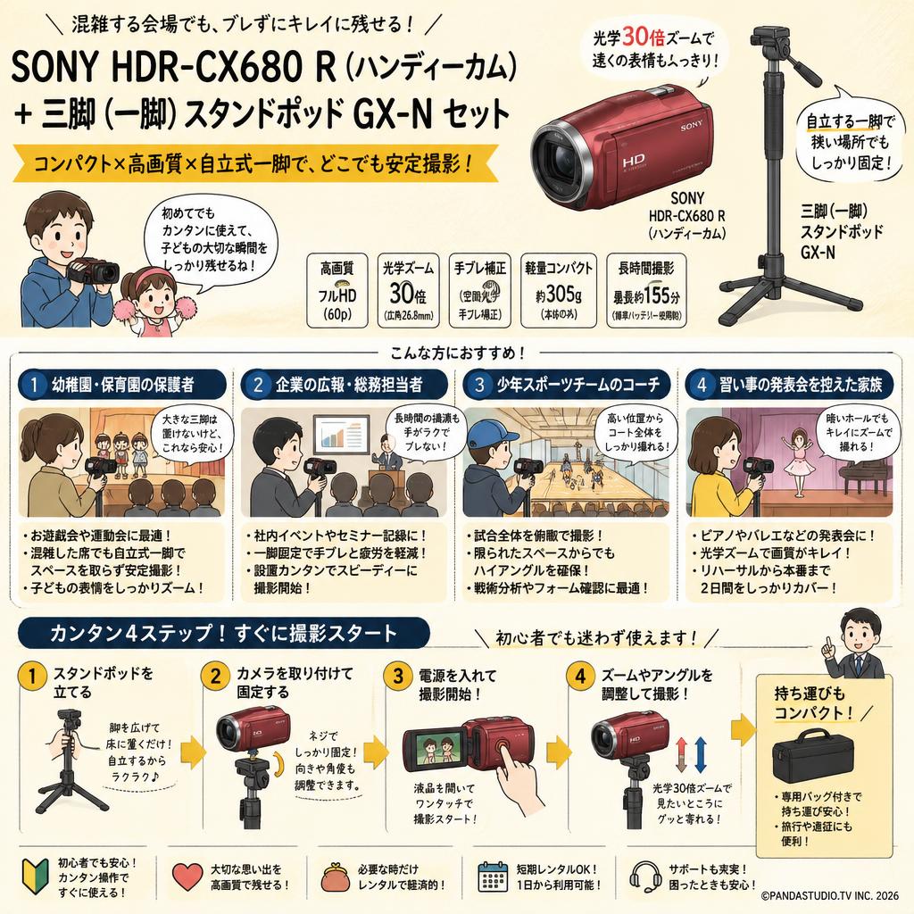 SONY HDR-CX680 R (ハンディーカム) + 三脚（一脚）スタンドポッド GX-N セット おもな対象のお客様