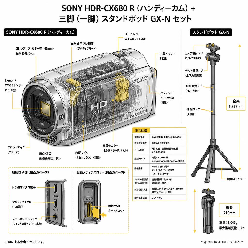 SONY HDR-CX680 R (ハンディーカム) + 三脚（一脚）スタンドポッド GX-N セット スペック
