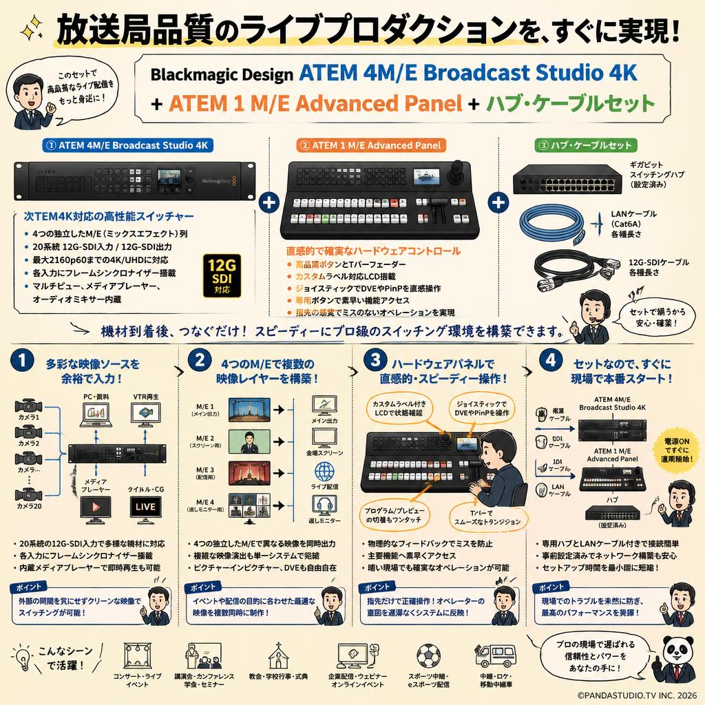 Blackmagic Design ATEM 4M/E Broadcast Studio 4K + ATEM 1 M/E Advanced Panel + ハブ・ケーブルセット 概要