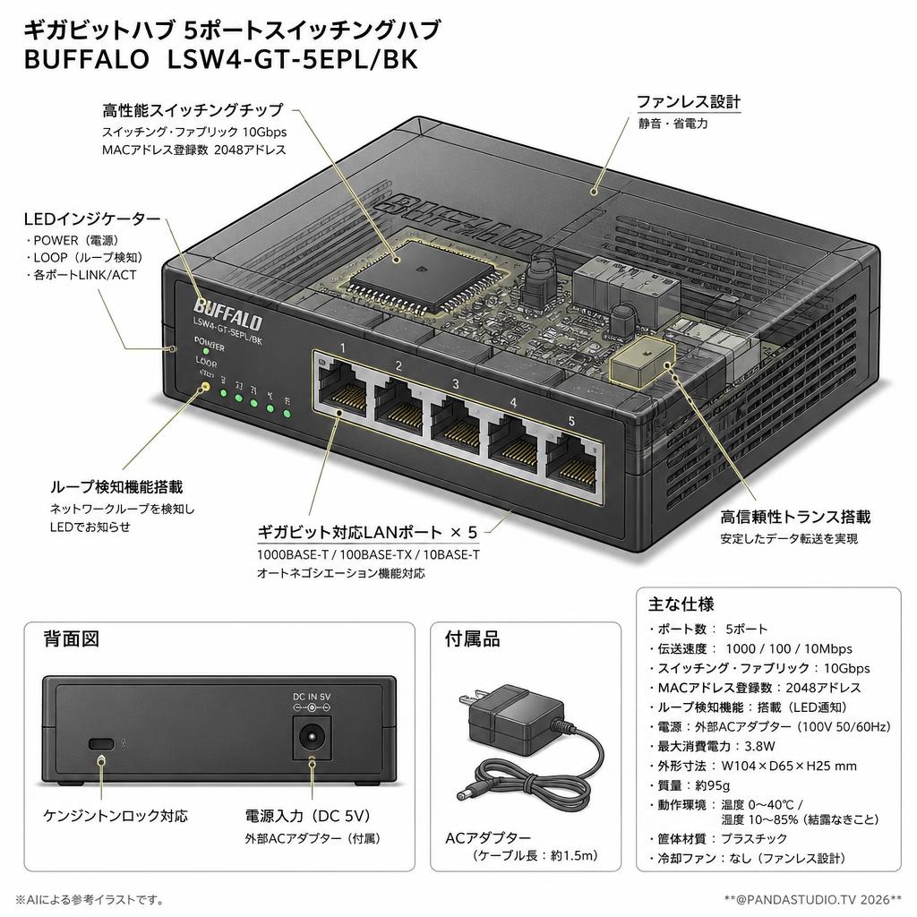 ギガビットハブ 5ポートスイッチングハブ BUFFALO  LSW4-GT-5EPL/BK スペック