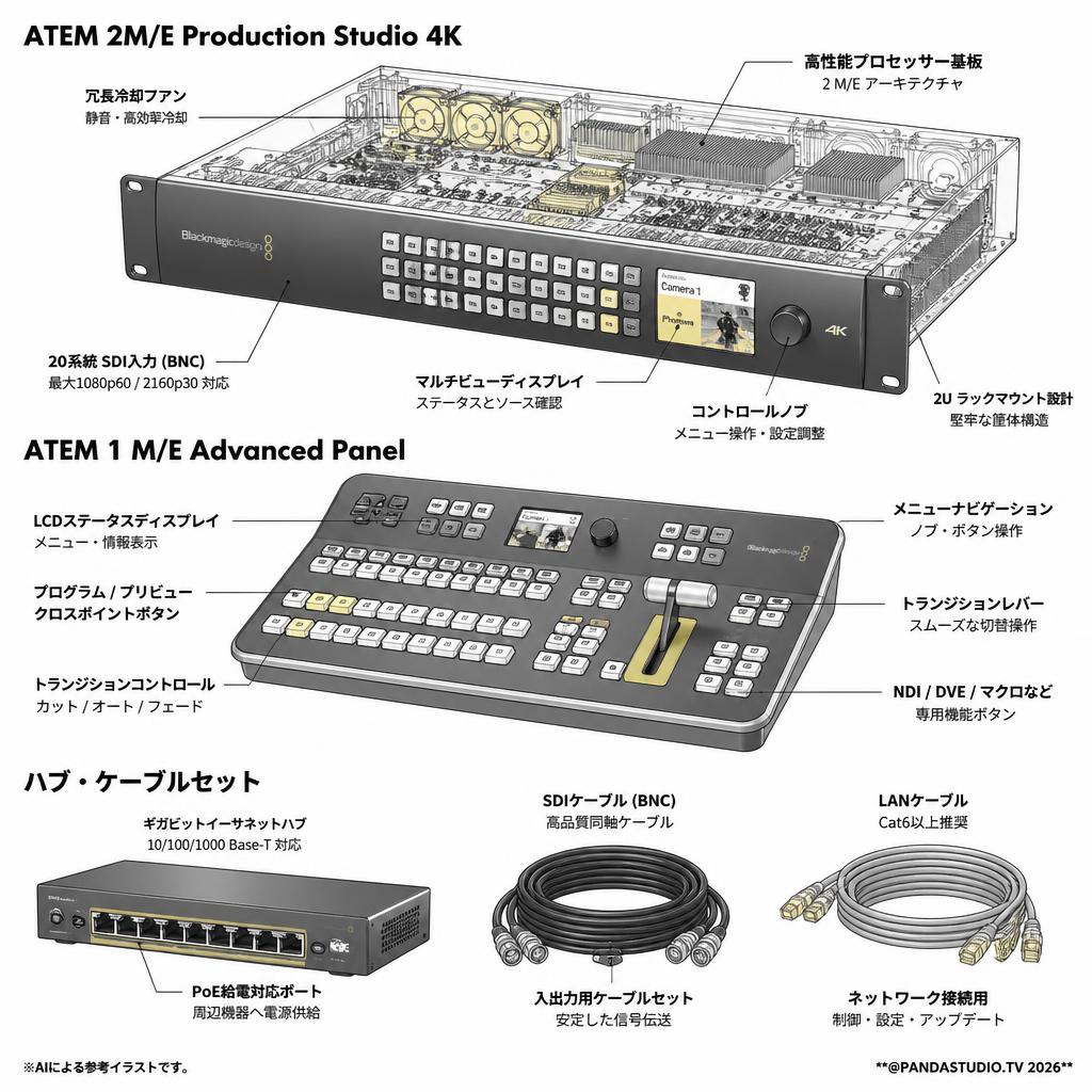 Blackmagic Design ATEM 2M/E Production Studio 4K + ATEM 1 M/E Advanced Panel + ハブ・ケーブルセット スペック