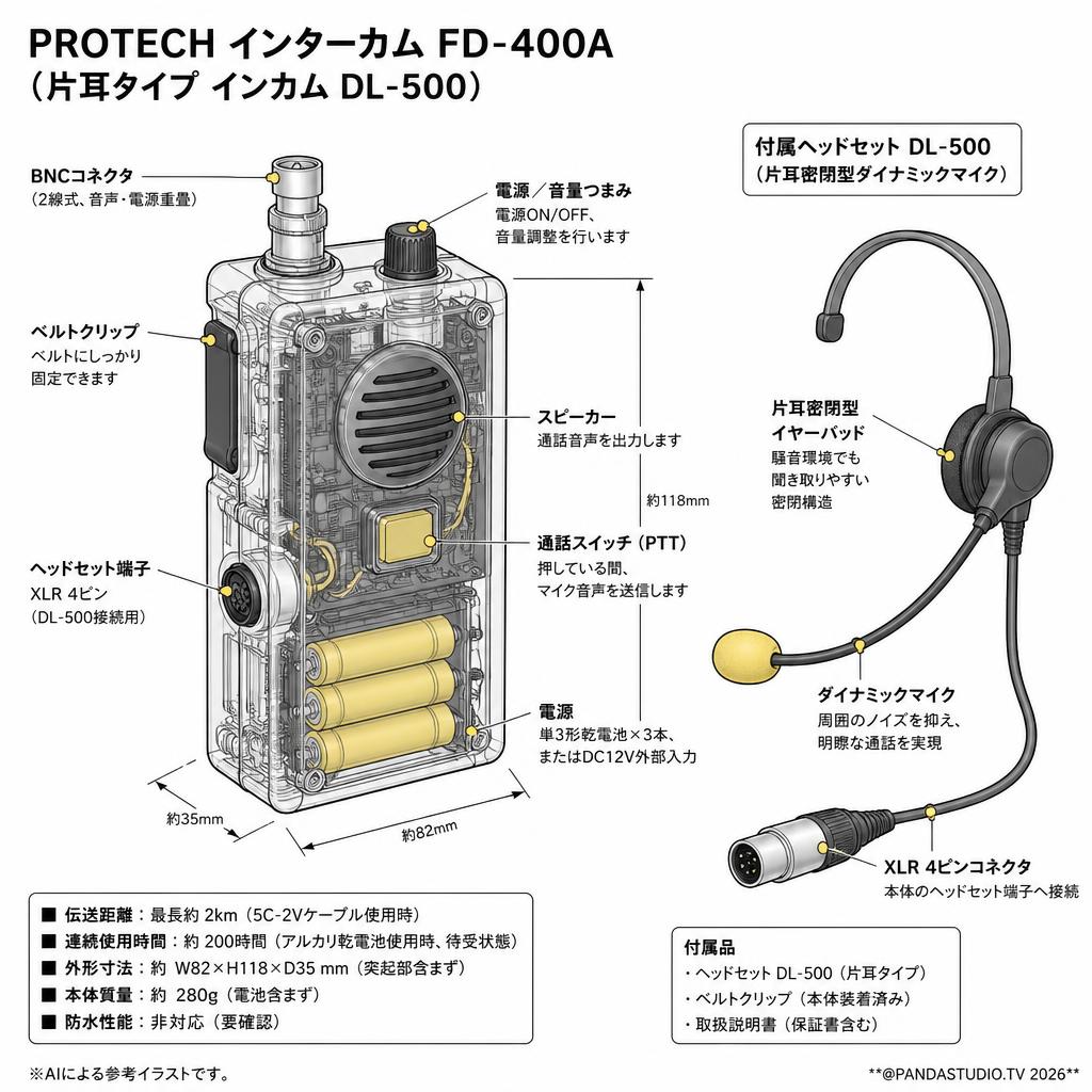 PROTECH インターカム FD-400A（片耳タイプ インカム DL-500） スペック