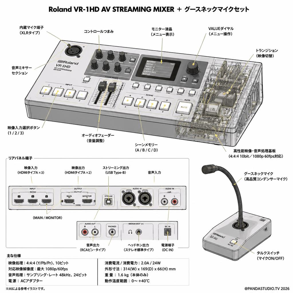 Roland VR-1HD AV STREAMING MIXER ＋ グースネックマイクセット スペック