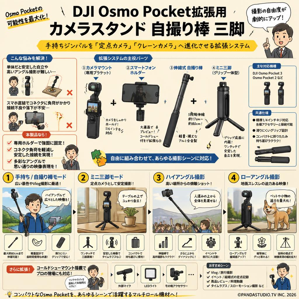 DJI Osmo Pocket拡張用 カメラスタンド 自撮り棒 三脚 概要