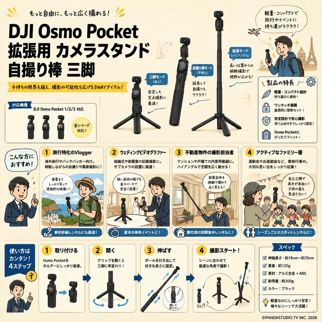 DJI Osmo Pocket拡張用 カメラスタンド 自撮り棒 三脚 おもな対象のお客様