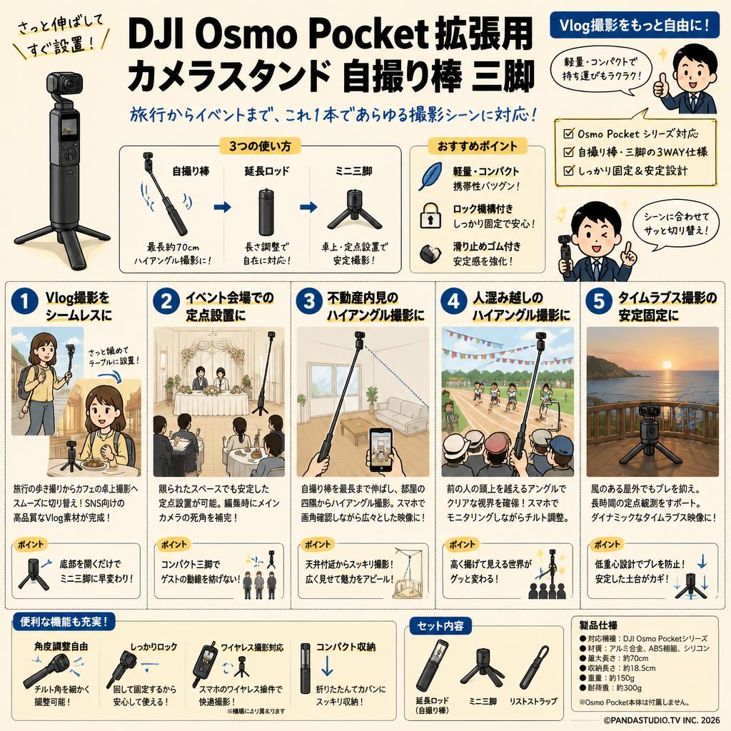DJI Osmo Pocket拡張用 カメラスタンド 自撮り棒 三脚 用途