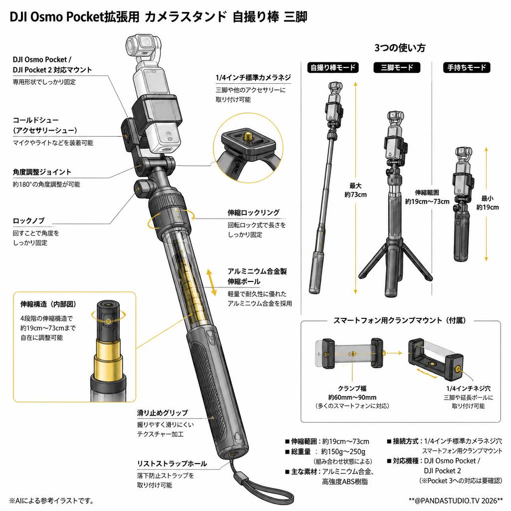 DJI Osmo Pocket拡張用 カメラスタンド 自撮り棒 三脚 スペック