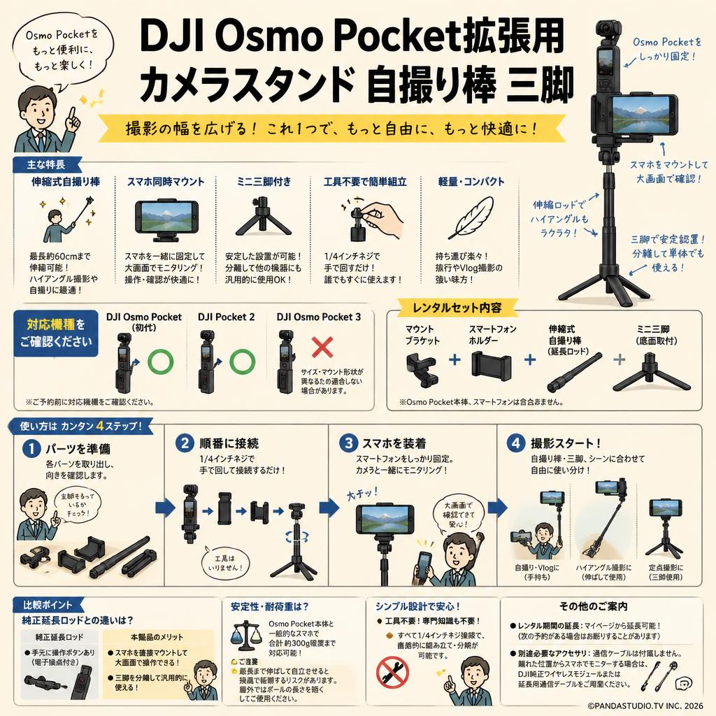 DJI Osmo Pocket拡張用 カメラスタンド 自撮り棒 三脚 FAQ（よくある質問と答え）