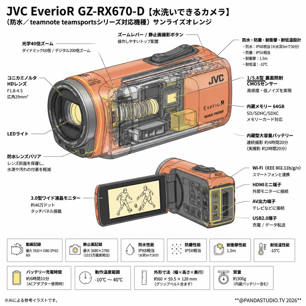 JVC EverioR GZ-RX670-D【水洗いできるカメラ】（防水／ teamnote teamsportsシリーズ対応機種）サンライズオレンジ スペック