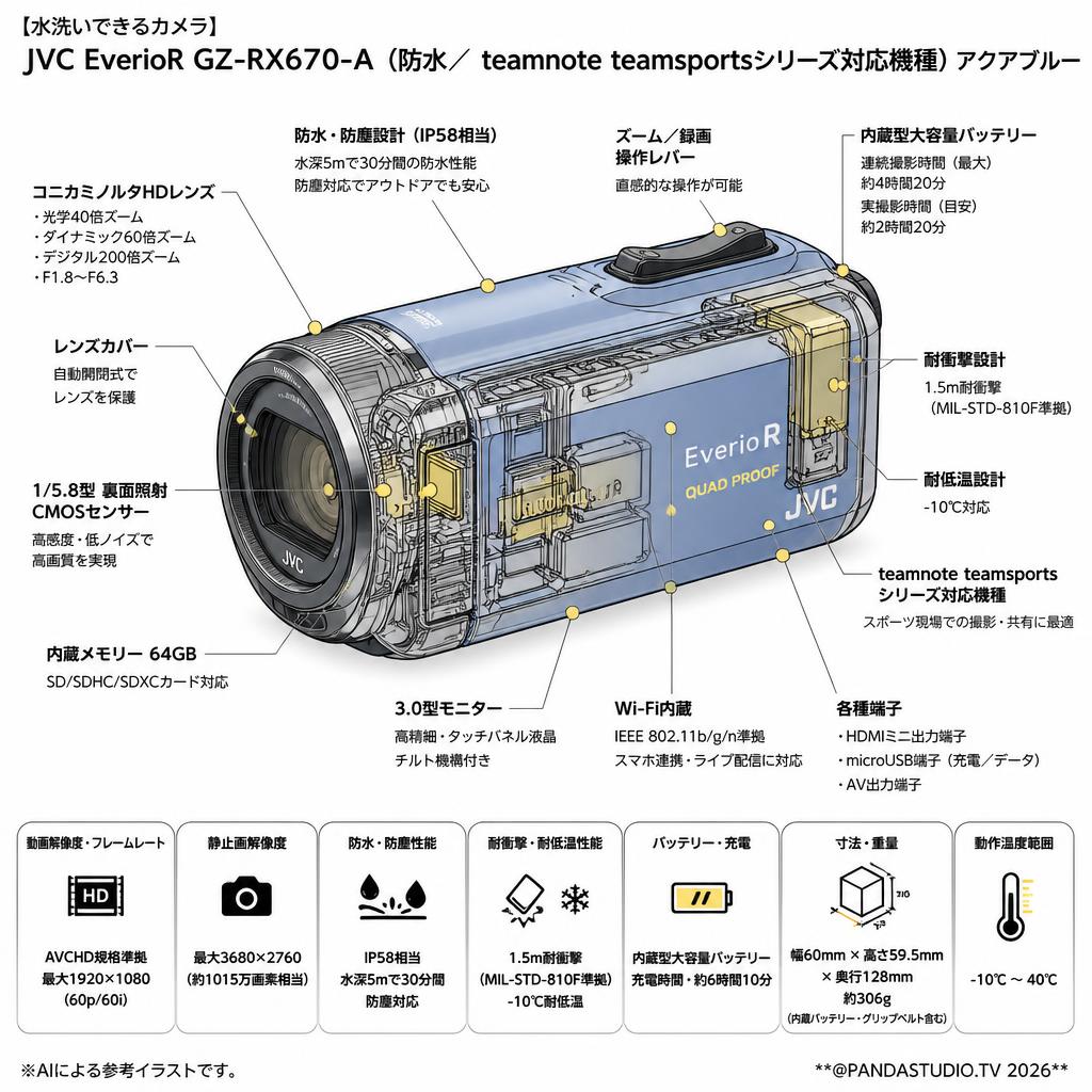 【水洗いできるカメラ】JVC EverioR GZ-RX670-A（防水／ teamnote teamsportsシリーズ対応機種）アクアブルー スペック