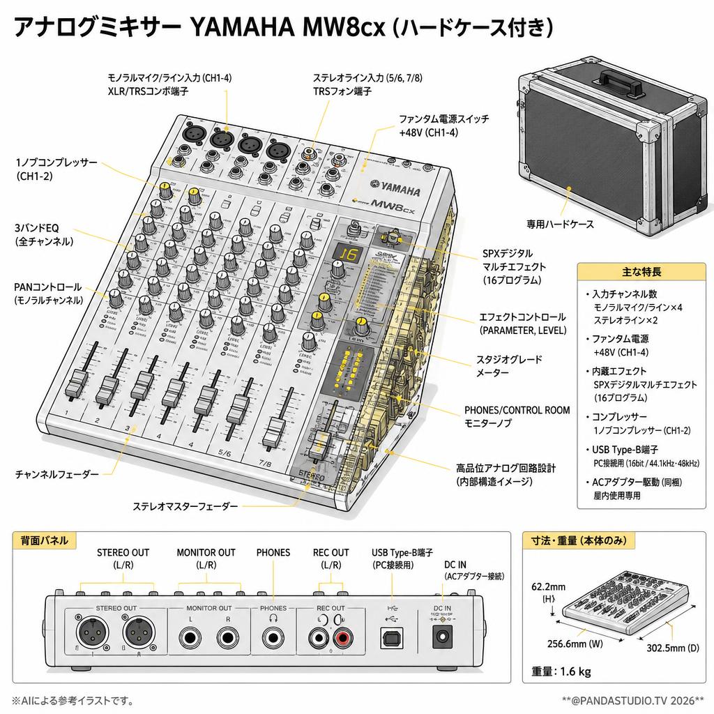 アナログミキサー YAMAHA MW8cx (ハードケース付き) スペック