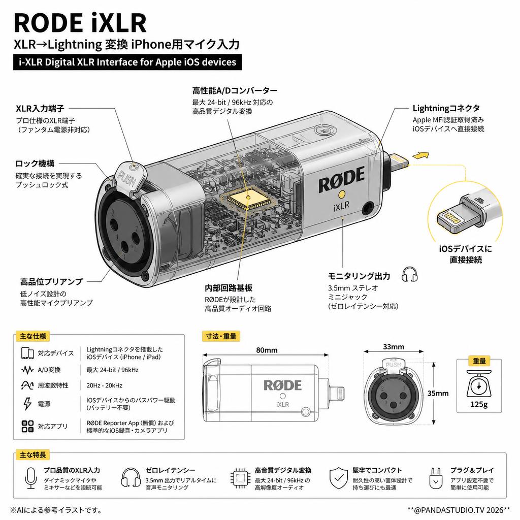 RODE iXLR　XLR→lightning 変換 iPhone用マイク入力  i-XLR Digital XLR Interface for Apple iOS devices スペック