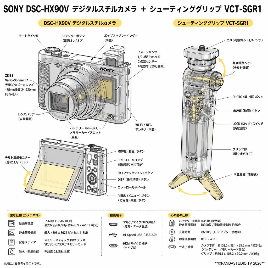 SONY DSC-HX90V デジタルスチルカメラ ＋ シューティンググリップ VCT-SGR1 スペック