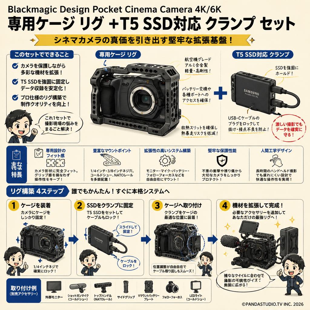 Blackmagic Design Pocket Cinema Camera 4K/6K 専用ケージ リグ ＋T5 SSD対応 クランプ セット 概要