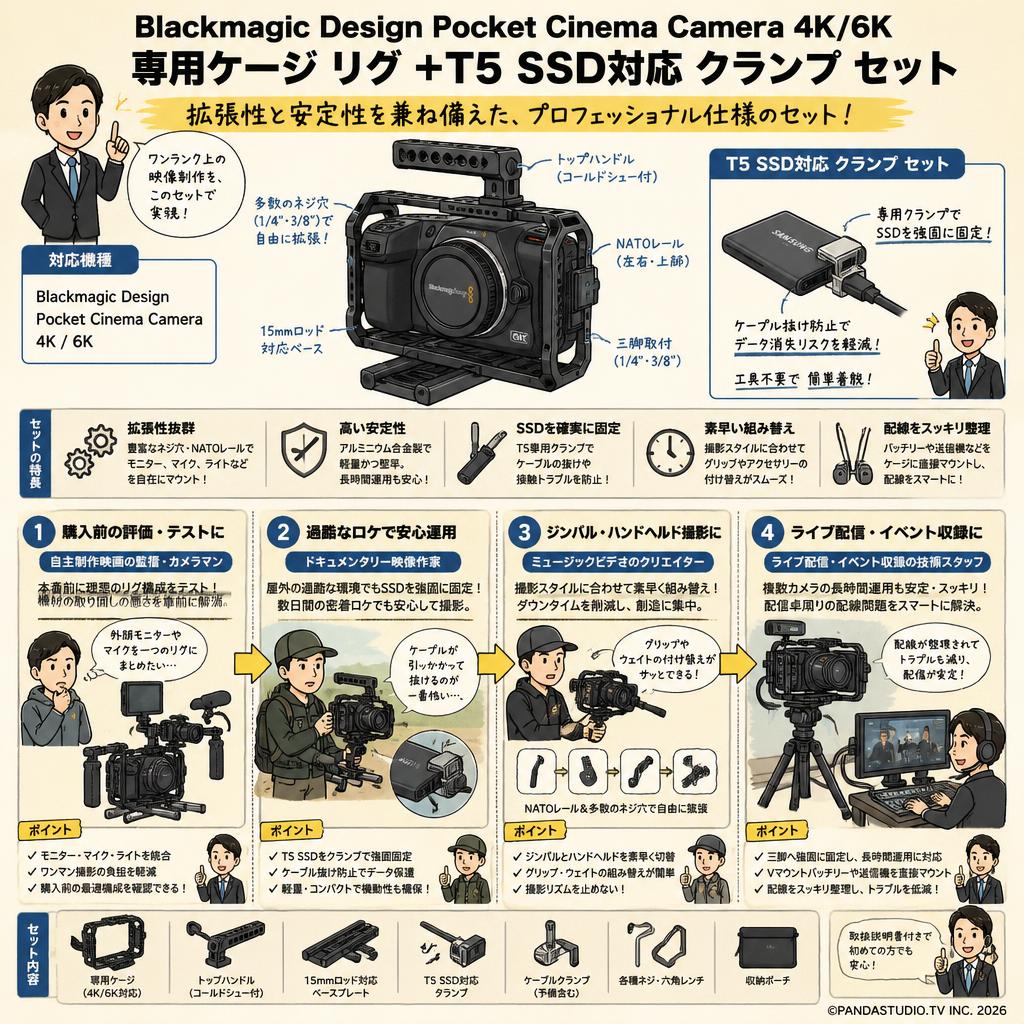 Blackmagic Design Pocket Cinema Camera 4K/6K 専用ケージ リグ ＋T5 SSD対応 クランプ セット おもな対象のお客様