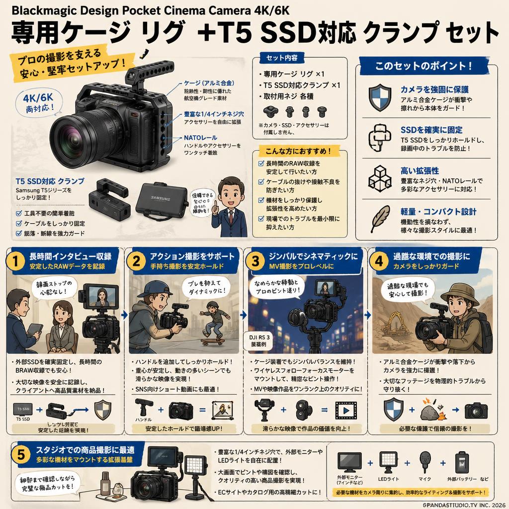 Blackmagic Design Pocket Cinema Camera 4K/6K 専用ケージ リグ ＋T5 SSD対応 クランプ セット 用途