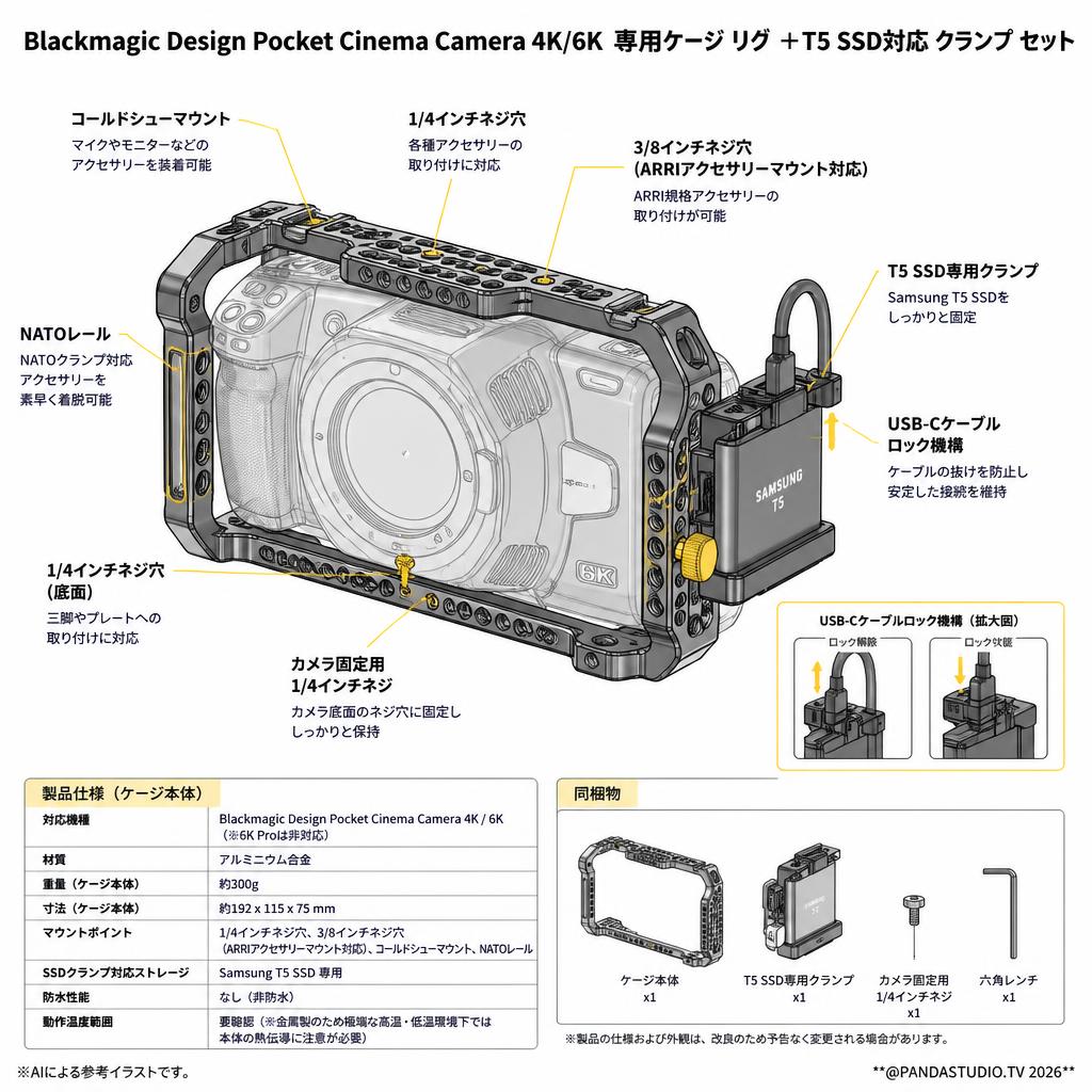 Blackmagic Design Pocket Cinema Camera 4K/6K 専用ケージ リグ ＋T5 SSD対応 クランプ セット スペック