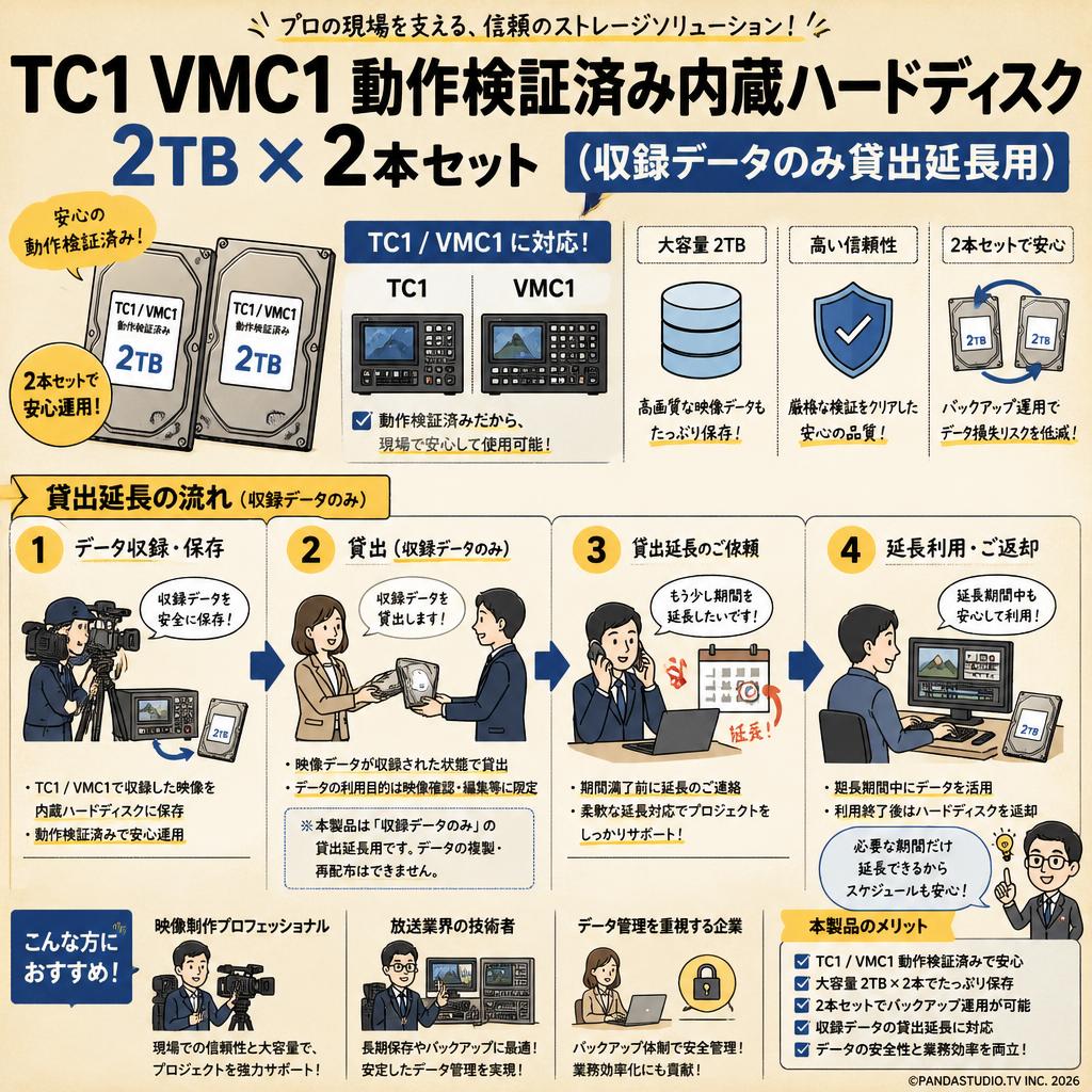 TC1 VMC1 動作検証済み内蔵ハードディスク 2TB   2本セット（収録データのみ貸出延長用） おもな対象のお客様