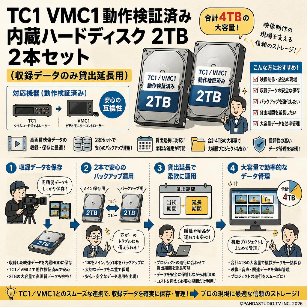 TC1 VMC1 動作検証済み内蔵ハードディスク 2TB   2本セット（収録データのみ貸出延長用） 用途