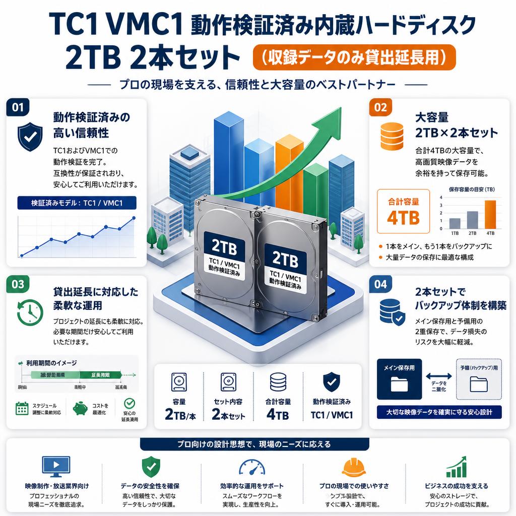 TC1 VMC1 動作検証済み内蔵ハードディスク 2TB   2本セット（収録データのみ貸出延長用） セールスポイント