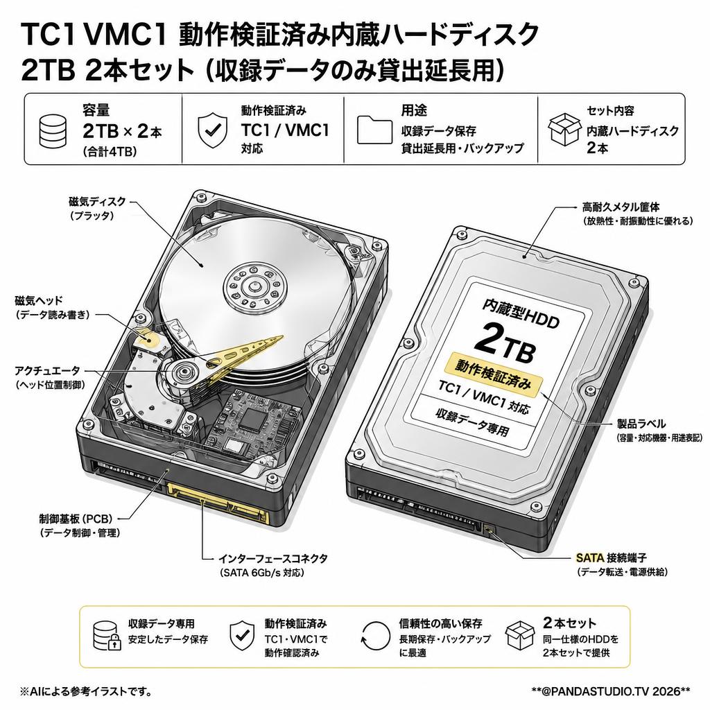TC1 VMC1 動作検証済み内蔵ハードディスク 2TB   2本セット（収録データのみ貸出延長用） スペック